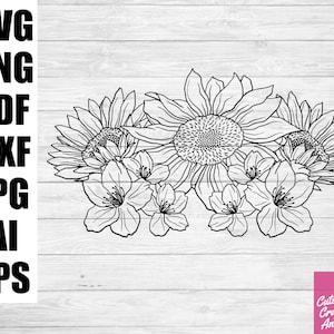 Dibujo lineal de girasoles svg, borde de flores svg, monograma svg, clipart de flores, svg para silueta cricut, flores svg, flores dibujadas a mano