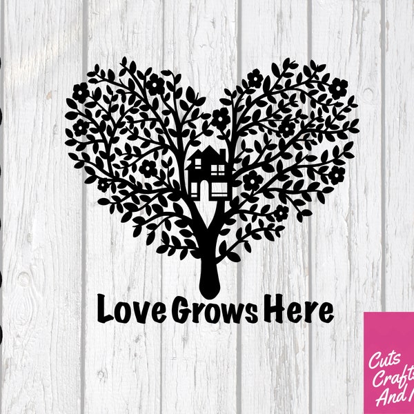 Love Grows Here Tree Design, papercutting svg, Cricut Silhouette, svg pdf png jpg eps dxf, Love svg, Home gift, Handcutting pattern