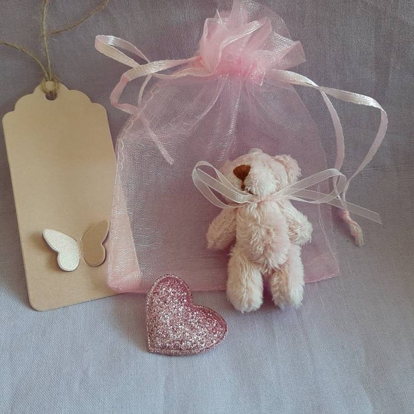 Handmade 6cms soft fluffy pink teddy bear gift complete with its own pink organza bag, handmade gift tag and miniature sparkle heart