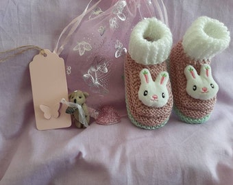 Handmade BUNNY new baby bootie socks.0 to 3 months, organza gift bag,handmade gift tag and sparkle heart with handsewn cloth teddy charm.