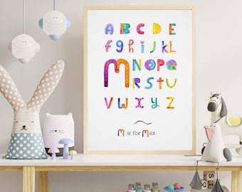 Alphabet Personalised Name PHYSICAL Print - Nursery - Print Poster - Children's Prints - Baby Wall Art - Watercolour Art