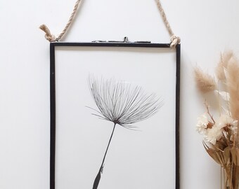 Dandelion Framed Art Illustration/Dandelion Clock Single Wish /Monochrome Ink Sketch/Hanging Frame Drawing /Modern Design /Home decor 7x5"