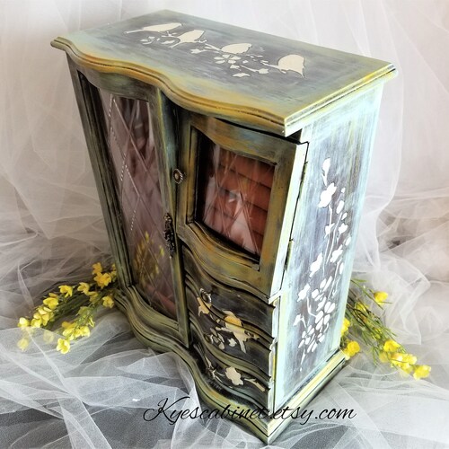 Cottage Farmhouse Style Jewelry Box, Birds shops Stencil Wooden Jewelry Box, Teal Blue Chalk Painted UpCycled Jewelry Box, Vintage Shabby Look