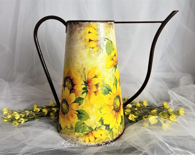 Indoor Watering Can Decoupage sunflowers Garden, Hand Painted Metal