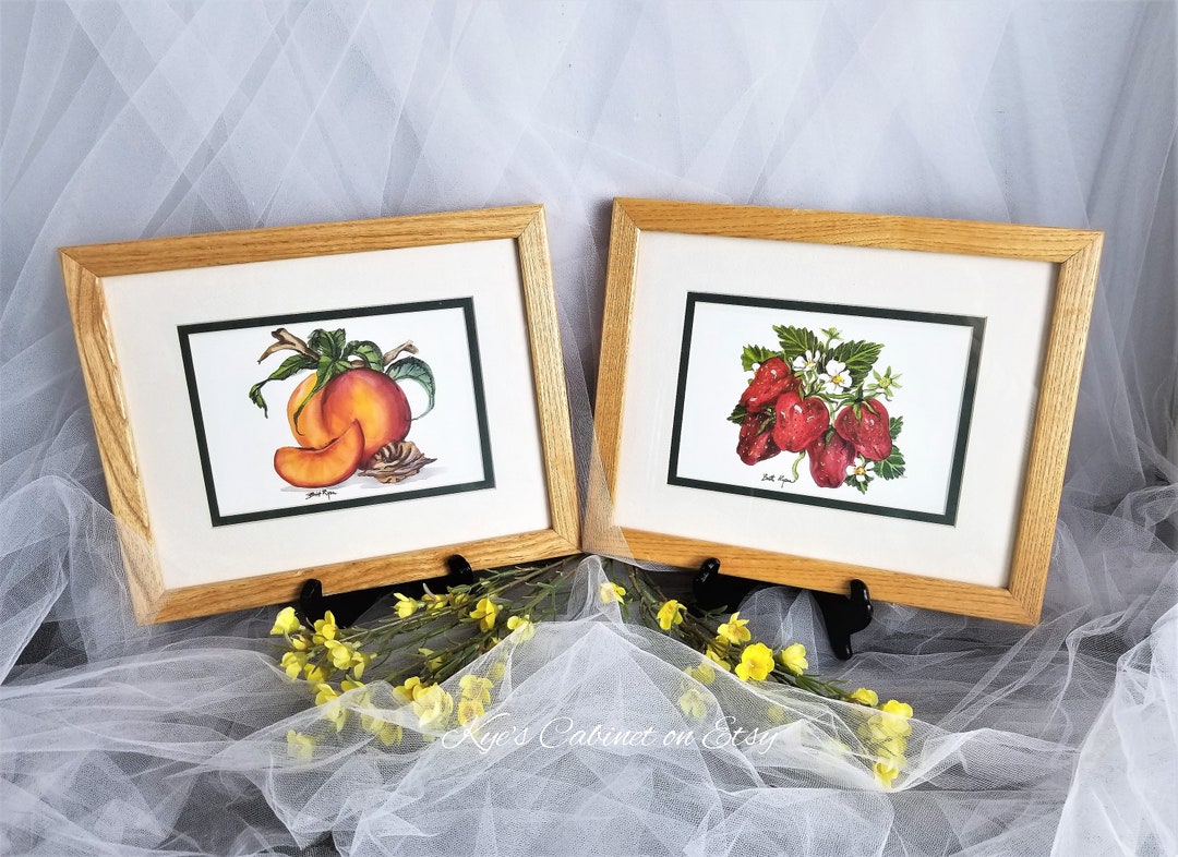 Set of Two Framed peaches strawberry Prints by Britt Ryan, Framed Fruit Wall Art, Botanical