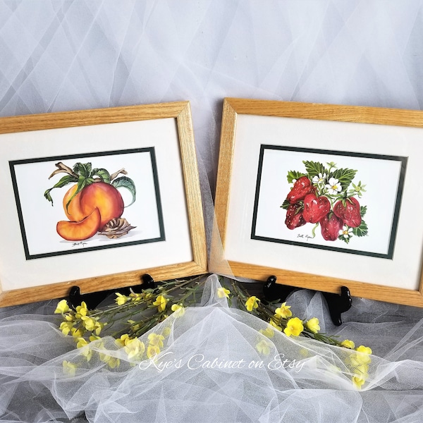 Set of Two Framed  "Peaches" "Strawberry" Prints by Britt Ryan, Framed Fruit Wall Art, Botanical Fruit Print, Kitchen Dinning Room Wall Art