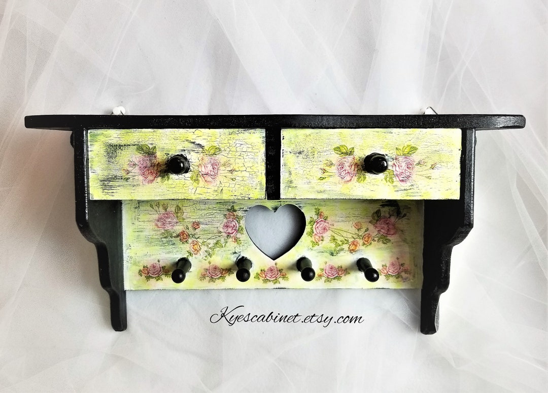 Hand Painted Kitchen Wall Shelf With Drawers Rose Decoupage Etsy