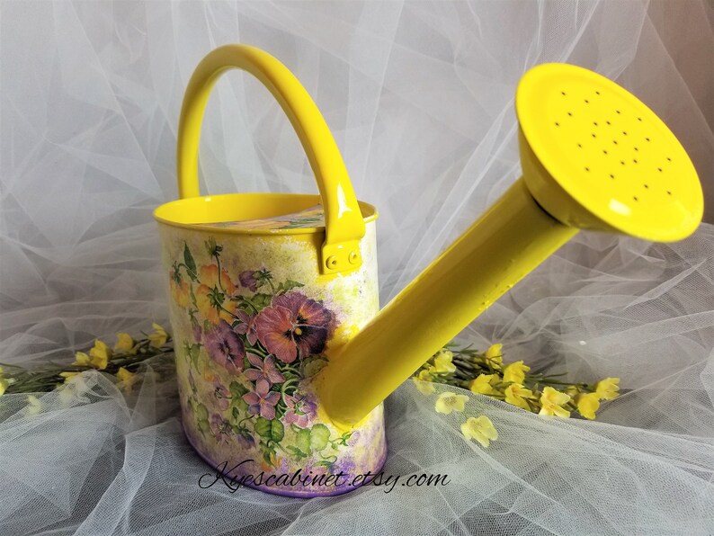 Decoupage Watering Can pansy Flowers Basket Metal Etsy