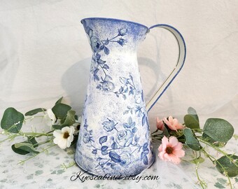 Metal Watering Can Decoupage "Blue Roses",  Hand painted Floral Metal Vase, Decorative Watering Pitcher, Unique Gift for Garden Lover