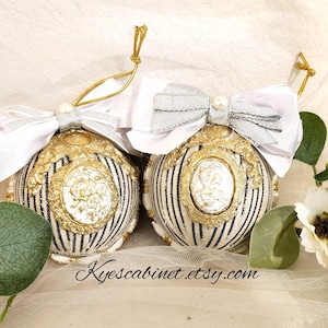 Handmade Christmas Rag Ball Ornaments: Black & Cream Baroque Set