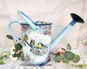 Large Watering Can Decoupage "Birds Watching", 1.5 Gallons Metal Watering Can With Removable Spout, Hand Painted, Garden Lover's Unique Gift