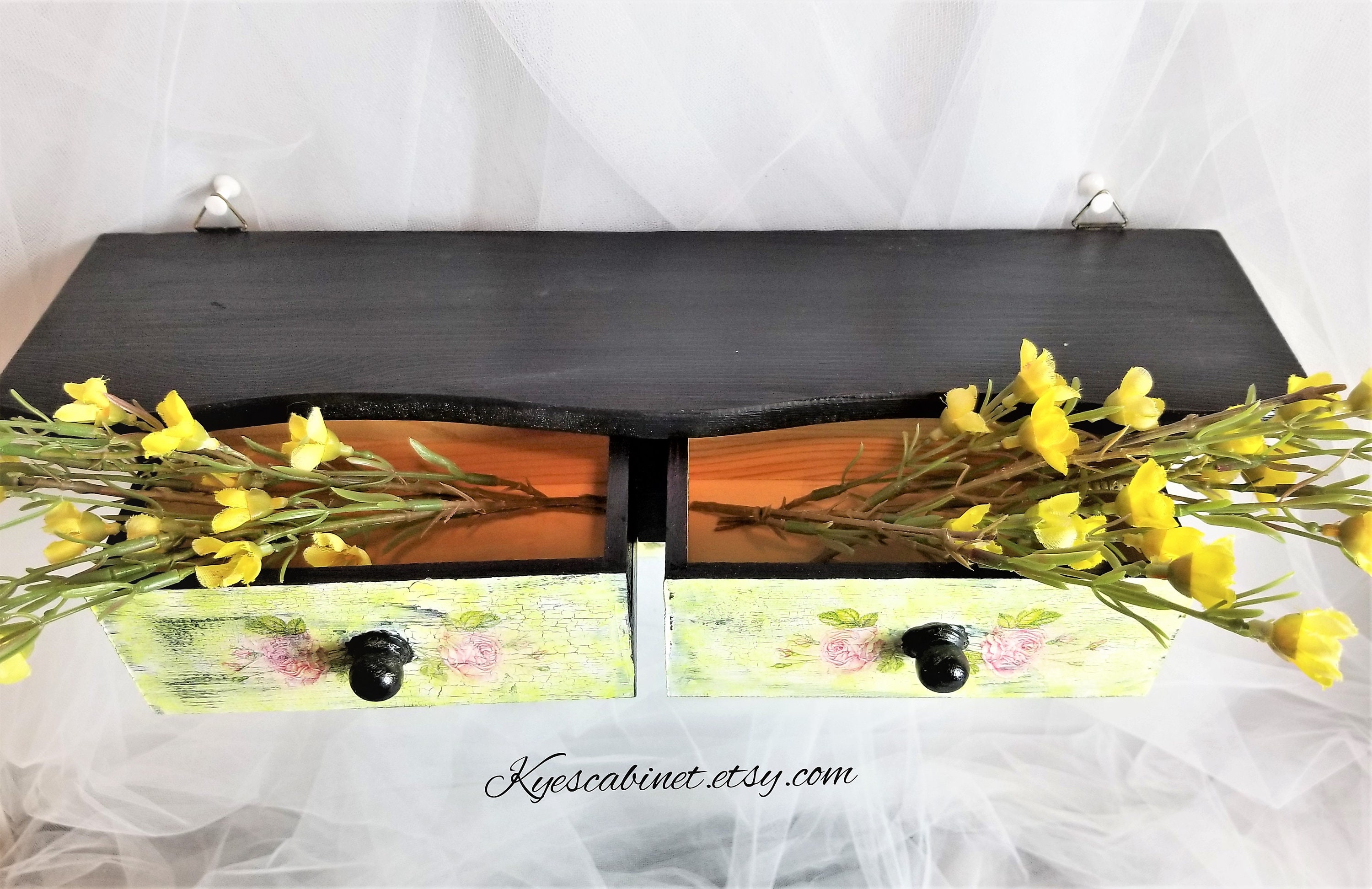 Hand Painted Kitchen Wall Shelf With Drawers Rose Decoupage Etsy