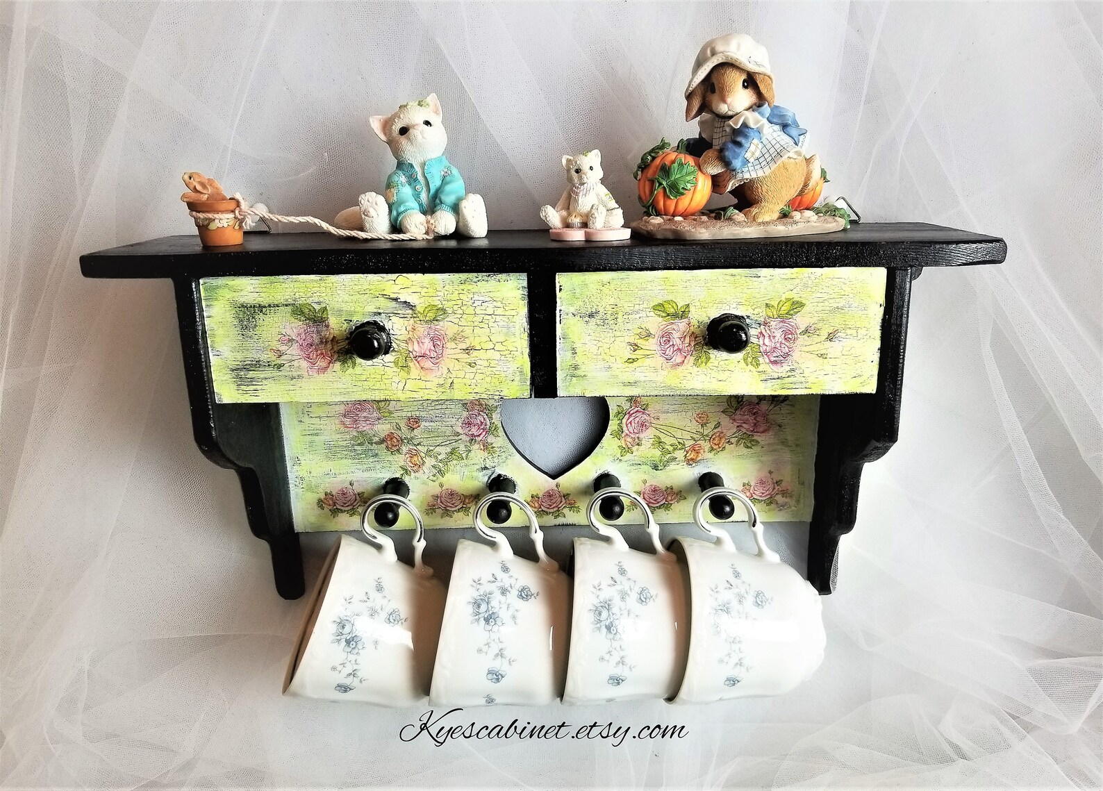 Hand Painted Kitchen Wall Shelf With Drawers Rose Decoupage Etsy