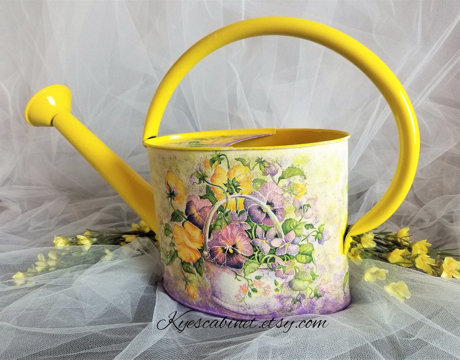Decoupage Watering Can pansy Flowers Basket Metal Etsy