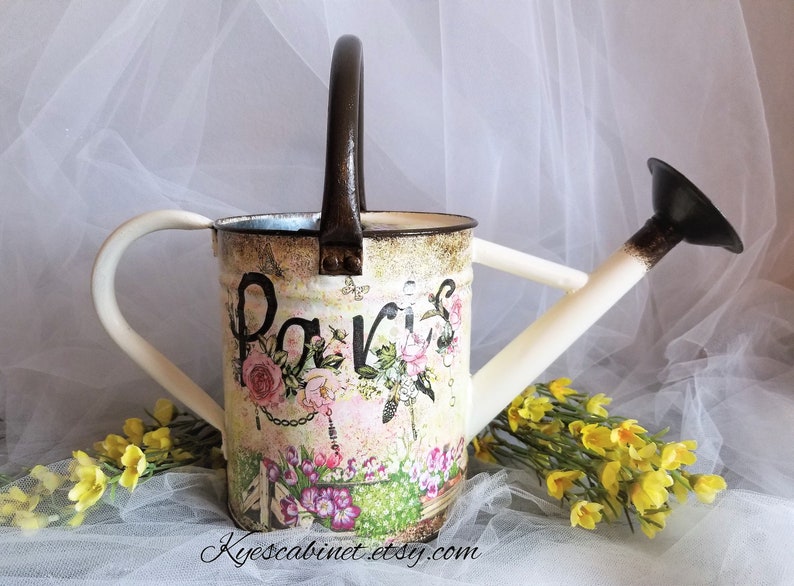 Decoupage Watering Can paris Flowers Basket Hand Etsy