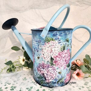 Large Watering Can Decoupage "Hydrangeas Garden", 1.5 Gallons Metal Watering Can With Removable Spout, Hand Painted, Unique Gift