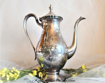 Wilcox Lady Mary Silver Plate Coffee Pot, Embossed Floral Silverplate Teapot with Hinged Lid, International Silver Plate 1920s Ornate Teapot