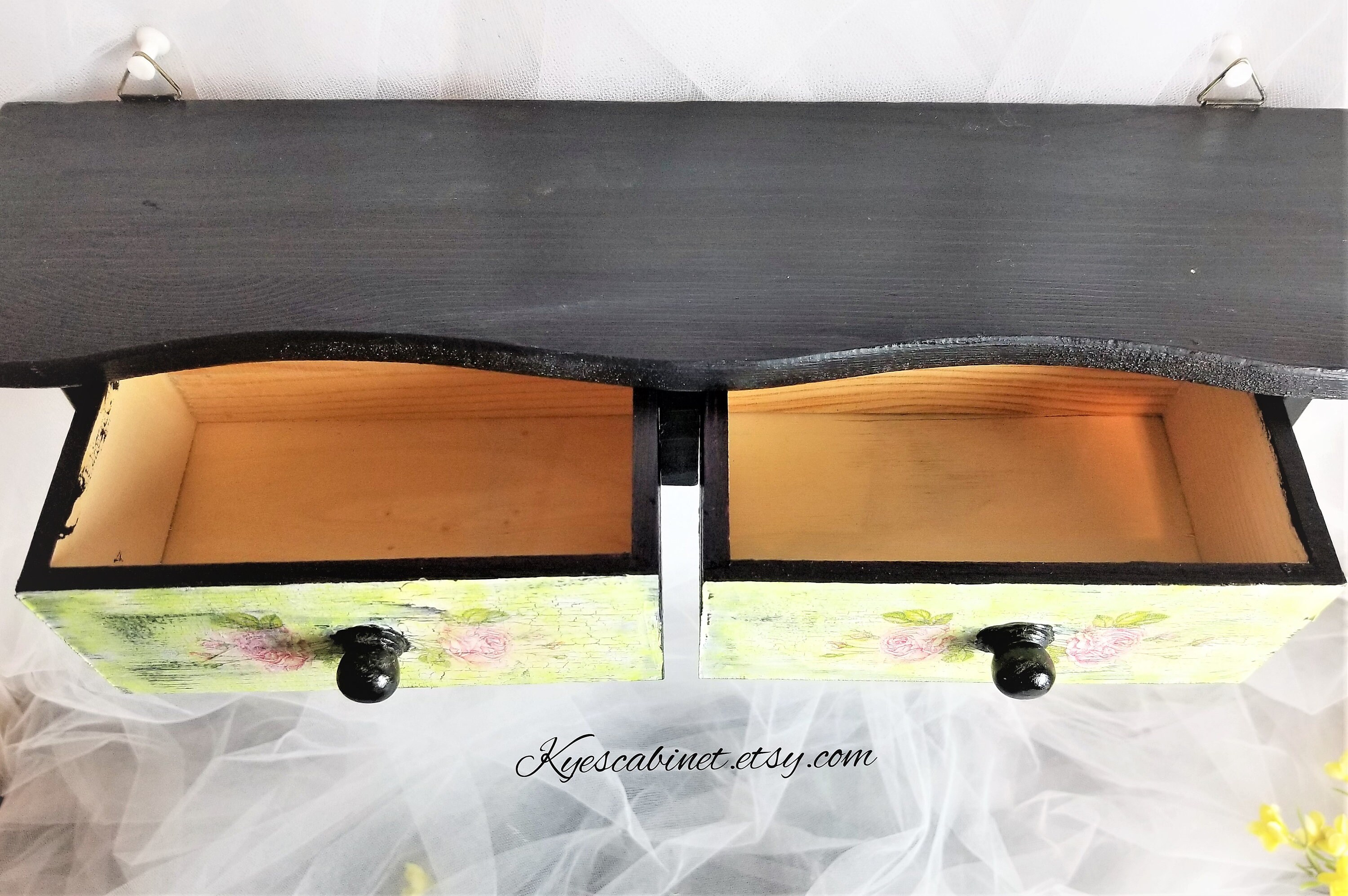 Hand Painted Kitchen Wall Shelf With Drawers Rose Decoupage Etsy