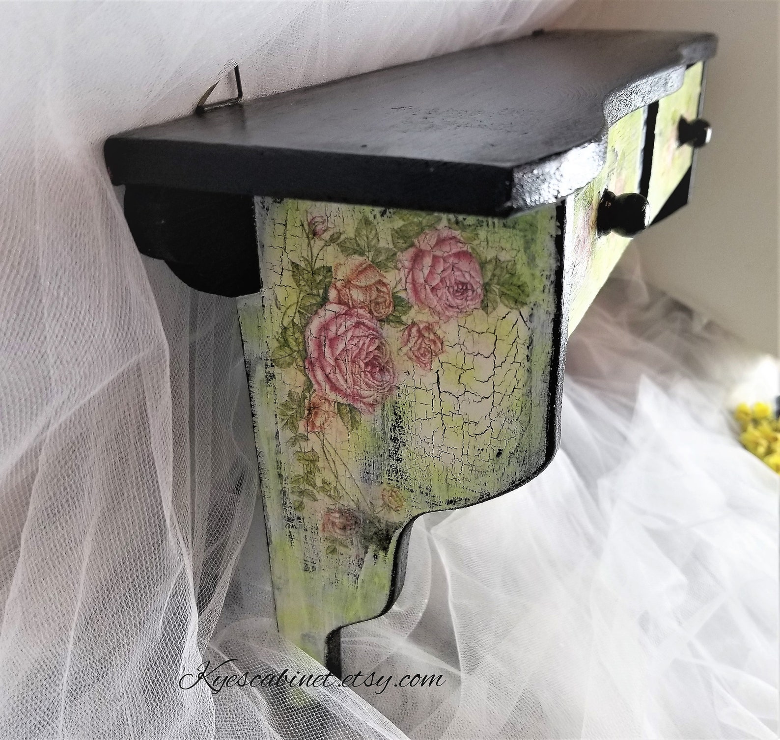 Hand Painted Kitchen Wall Shelf With Drawers Rose Decoupage Etsy