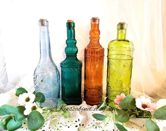 Vintage Large Colored Glass Bottles 12 Inch, Decorative Decanter Teal