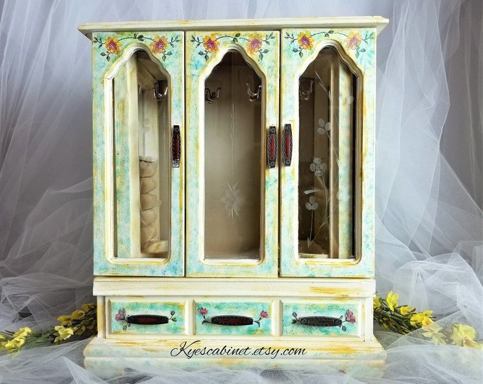 Hand Painted Turquoise Jewelry Box, Floral Decoupage Jewelry Box