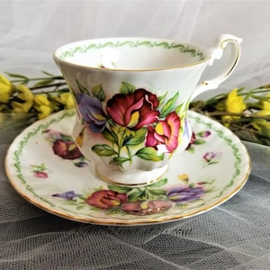 Royal Dover Teacup and Saucer: Fine Bone China, Sweet Pea Motif, Gold Trim