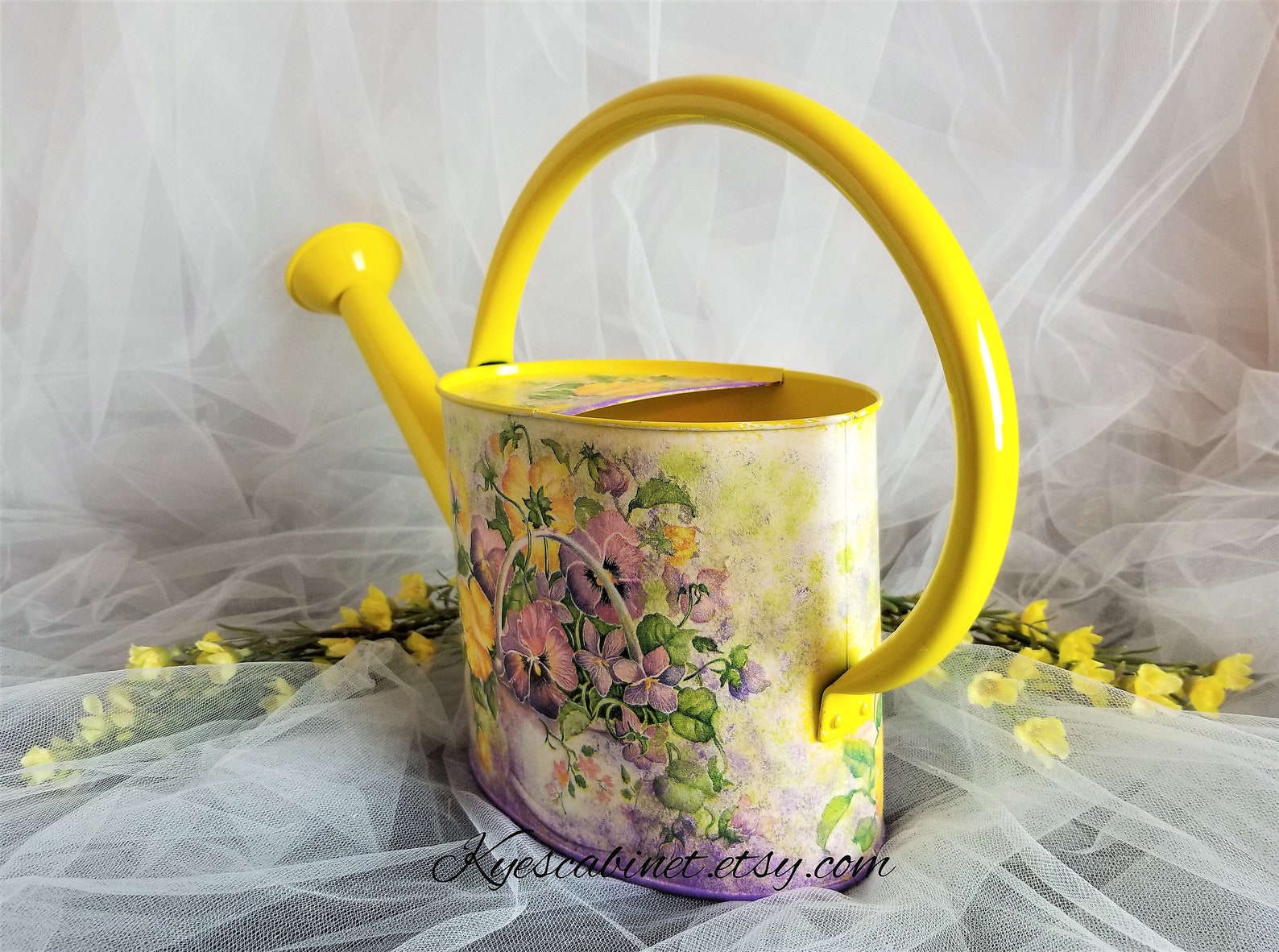 Decoupage Watering Can pansy Flowers Basket Metal Etsy