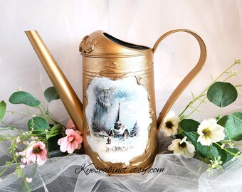 Metal Watering Can Decoupage "Winter Church", Hand Painted Watering Pitcher, Galvanized Watering Can, Unique Gift for Garden Lover