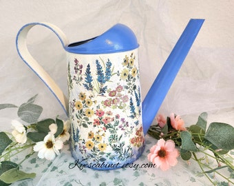 Metal Watering Can Decoupage "Blue Wildflowers", Hand Painted  Watering Pitcher, Galvanized Watering Can, Unique Gift for Mother