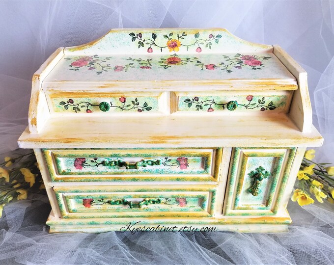Hand Painted Turquoise Jewelry Box With Decoupage floral Vine, Hand