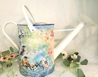 Decoupage Watering Can "Watercolor Birds": Hand painted, 1.5 Gallon, Removable Spout