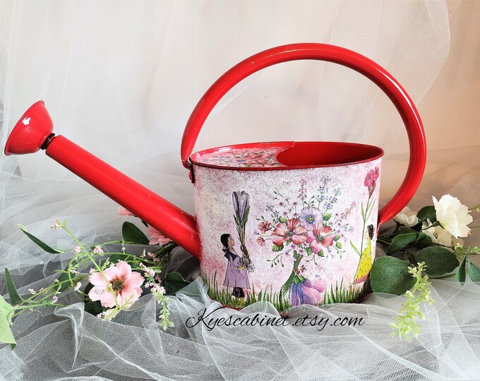 Decoupage Watering Can girls Flower Garden, Metal Watering Can With Removable Spout, Birds