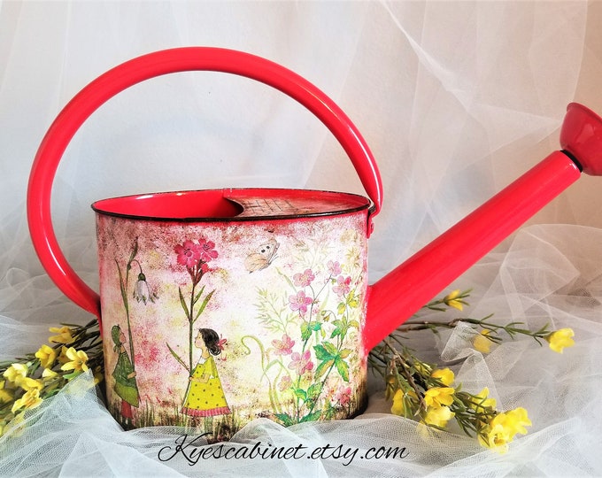 Decoupage Watering Can girls Flower Garden Metal Etsy