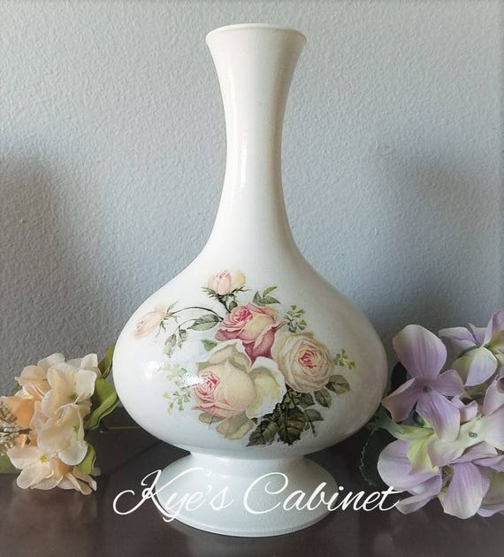 Hand Painted Decorative Glass Vase, Decoupage Flower Vase, Romantic Rose Vase, Cottage Chic Decorating Vase, Special Gift