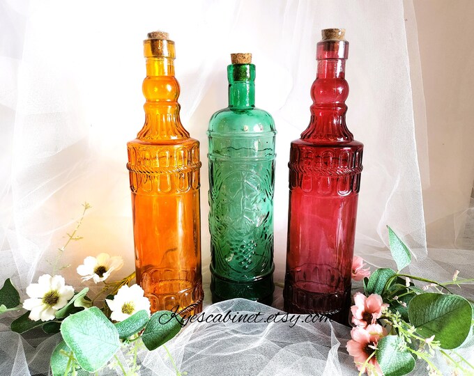 Vintage Large Colored Glass Bottles 12 Inch, Decorative Decanter Green