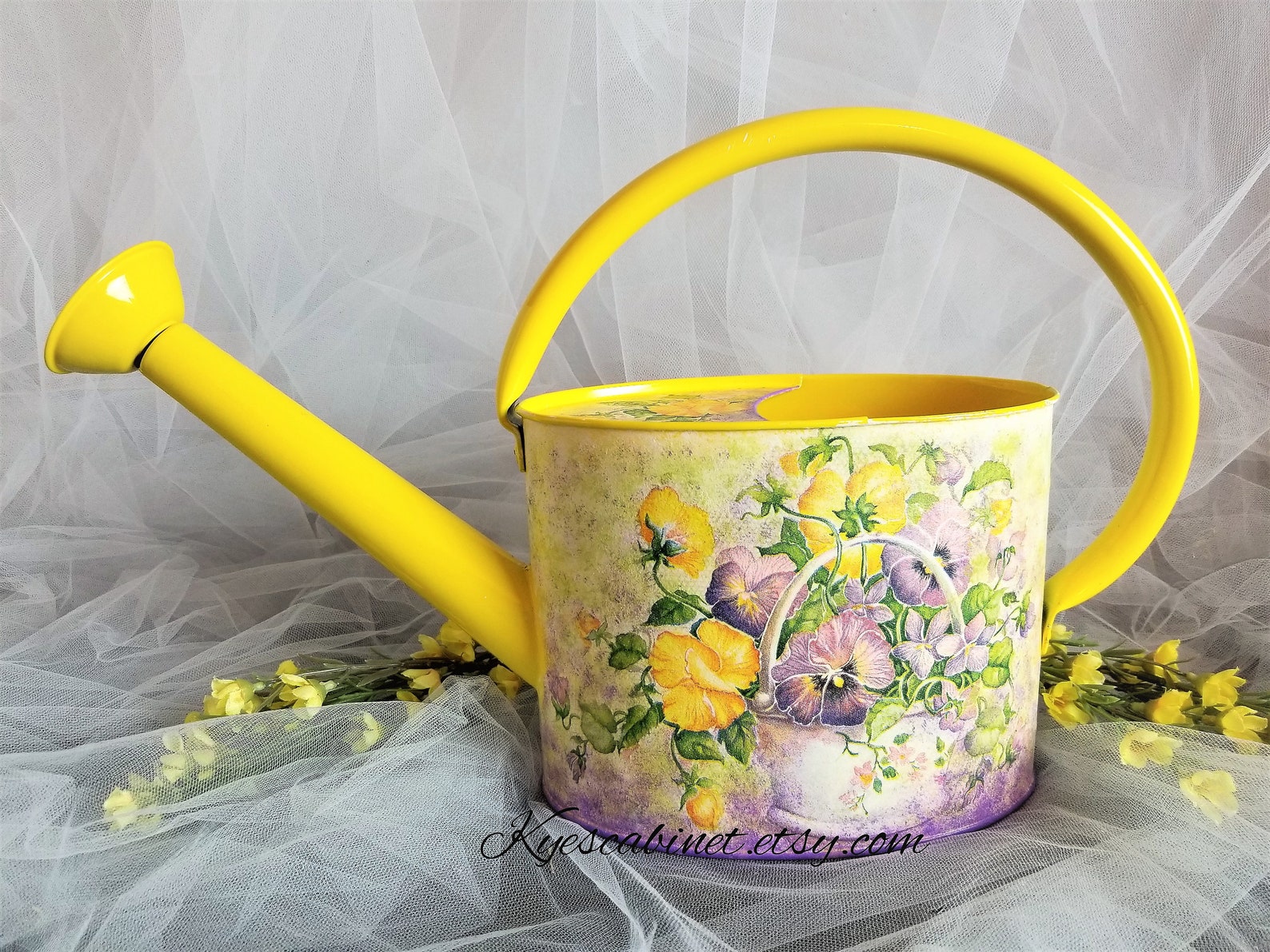 Decoupage Watering Can pansy Flowers Basket Metal Etsy