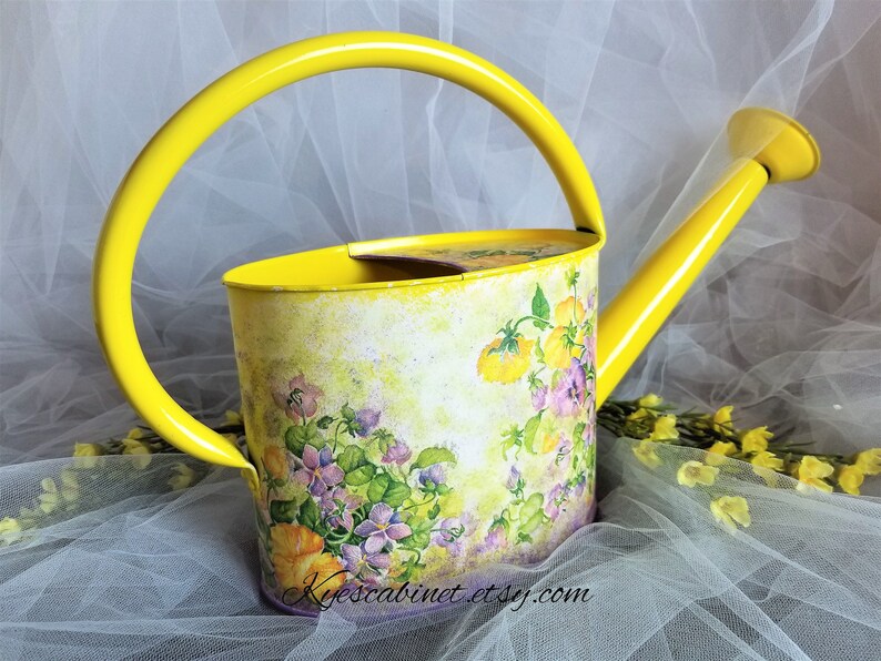 Decoupage Watering Can pansy Flowers Basket Metal Etsy