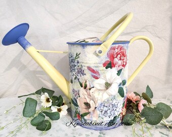 Large Watering Can Decoupage "Summer Flowers", 1.5 Gallons Metal Watering Can With Removable Spout, Hand Painted, For Garden Lover