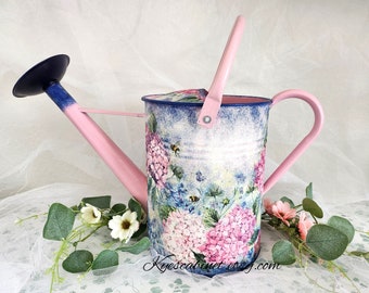 Large Watering Can Decoupage "Hydrangeas Garden", 1.5 Gallons Metal Watering Can With Removable Spout, Hand Paint, Gift For Garden Lover