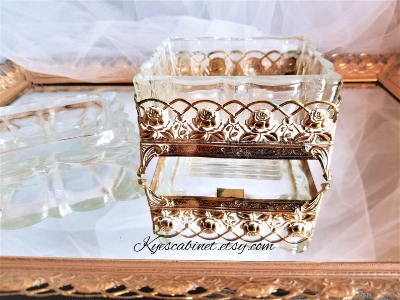 4 Pieces Gold Tone Filigree Vanity Tray Set Footed Mirror Etsy