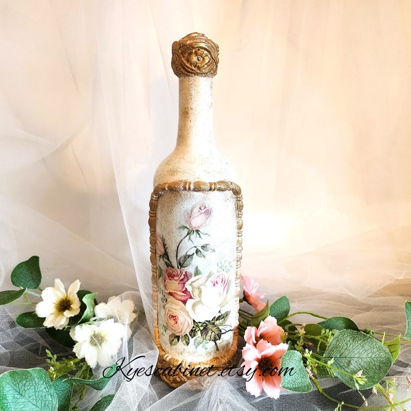 Decoupage Pink Roses Glass Bottle, Handcrafted Decorative Bottle, Shabby Cottage Hand Painted Bottle, Table Decoration, Unique Gift