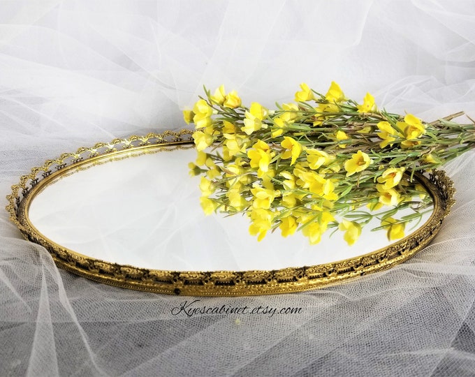 Gold Tone Oval Vanity Mirror Tray Brass Filigree Framed Etsy