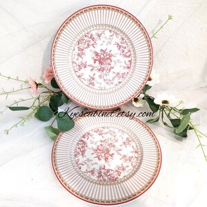 May include: Two white ceramic plates with a red floral pattern and gold trim. The plates are stacked on top of each other.