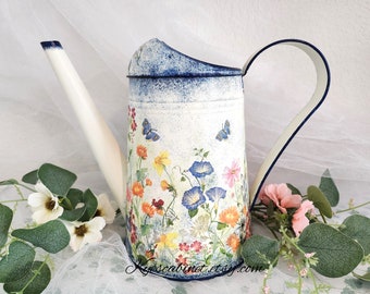 Metal Watering Can Decoupage "Morning Glory Garden", Hand Painted Galvanized Watering Can, Special Gift for Garden Lover