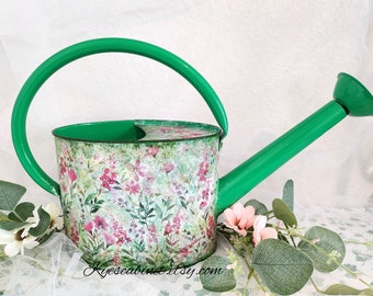 Decoupage Watering Can "Small Pink Flowers", Metal Watering Can With Removable Spout, Floral Watering Can With large Curved Handle