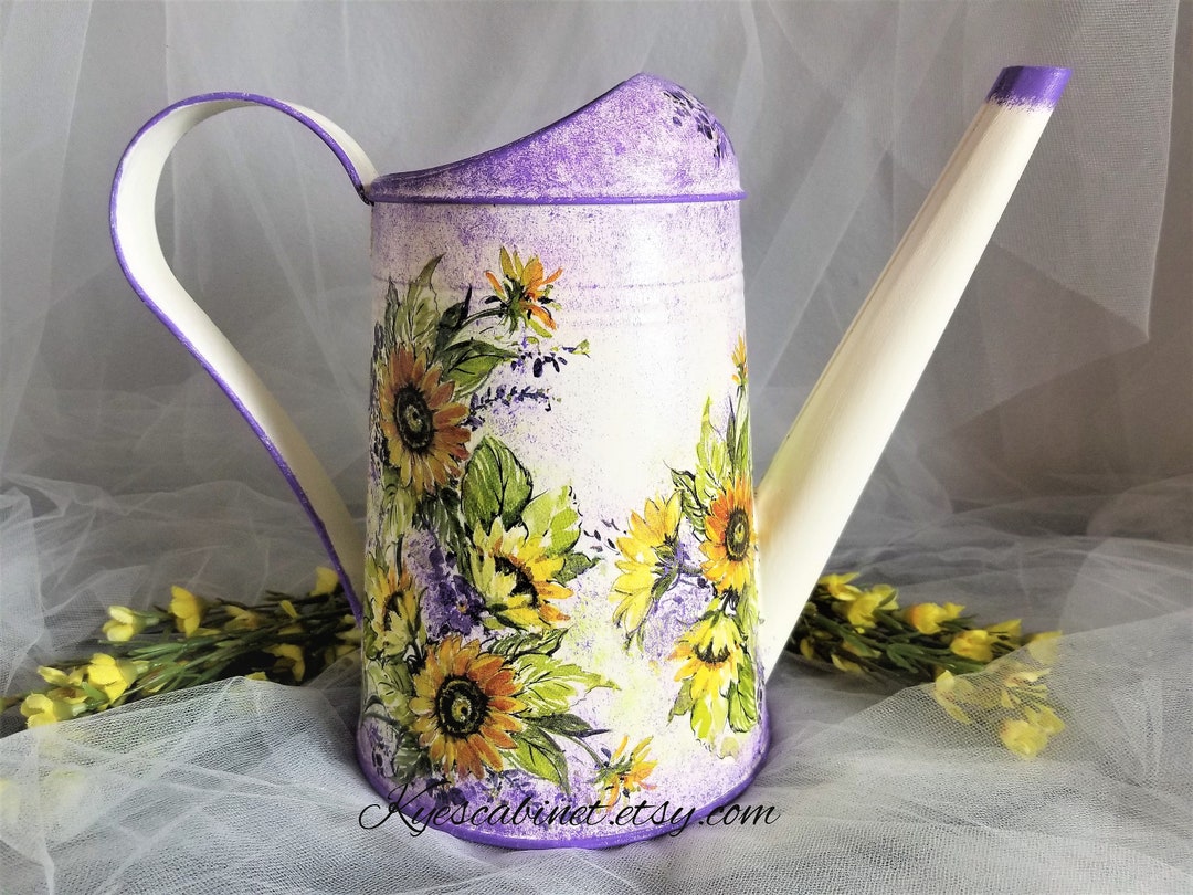 Metal Watering Can Decoupage sunflowers Garden, Hand Painted Watering Pitcher, Galvanized