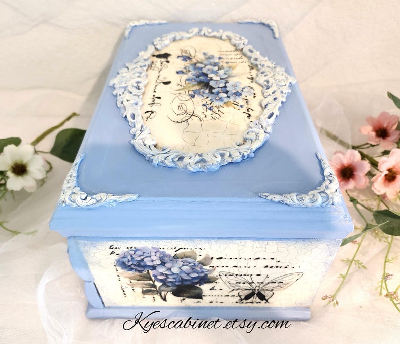Blue Decoupage Jewelry Box shabby Chic Hydrangea, Upcycled Hand Painted