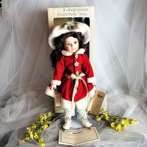 Seymour Mann Christmas Skating Doll &quot;Nancy&quot; 16 inch, Hand Painted Porcelain Doll, Hand Finished Costumes, Connoisseur Collection