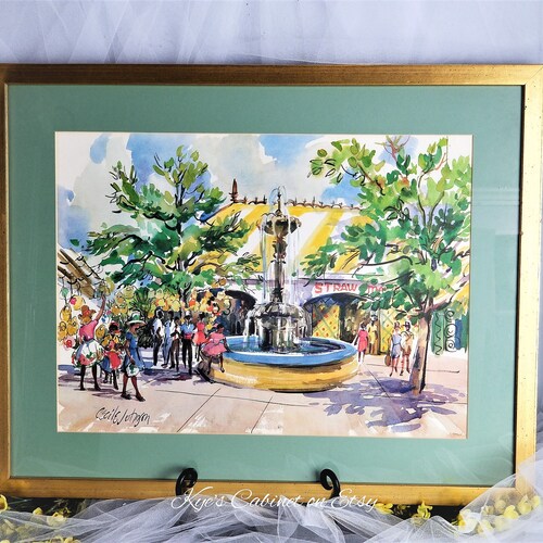 Cécile Ryden Johnson, impression aquarelle : marché de paille de Kingston, cadre doré