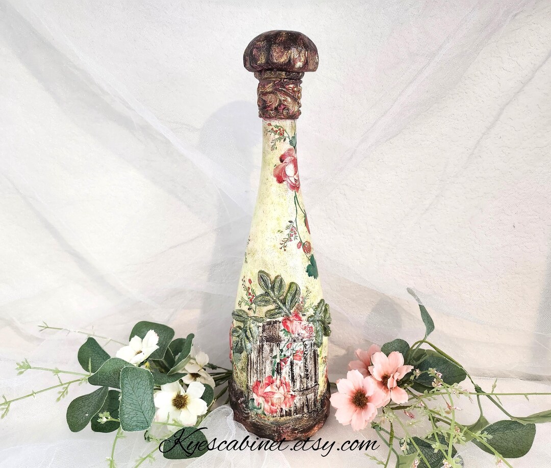 Handcrafted Decoupage Glass Bottle: Shabby Cottage Red Roses Table ...